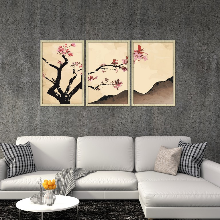 تابلو بکلیت طرح نقاشی شکوفه ی بهاری مدل S4766 مجموعه 3 عددی 