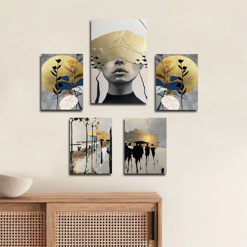 تابلو شاسی بکلیت طرح نقاشی مدرن طبیعت و چهره مدل SH-1777 مجموعه 5 عددی