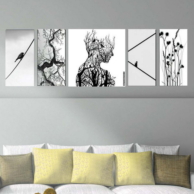 تابلو شاسی بکلیت طرح نقاشی مدرن درخت و پرنده مدل SH-1920 مجموعه 5 عددی