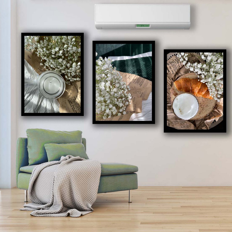 تابلو بکلیت طرح دکوری مدرن گل ژیپسوفیلا مدل B-1511 مجموعه 3 عددی