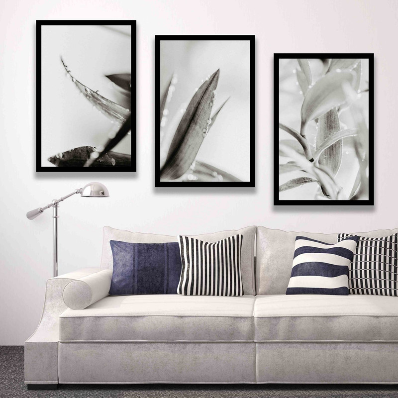 تابلو بکلیت طرح دکوری مدرن برگ سیاه و سفید مدل B-1512 مجموعه 3 عددی