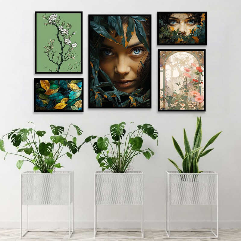 تابلو بکلیت طرح نقاشی برگ و چهره و گل مدل B-1192 مجموعه 5 عددی