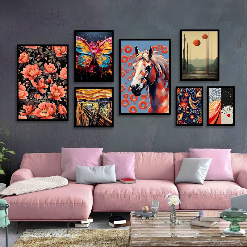 تابلو بکلیت طرح نقاشی مدرن اسب و پروانه و گل مدل B-1169 مجموعه 7 عددی