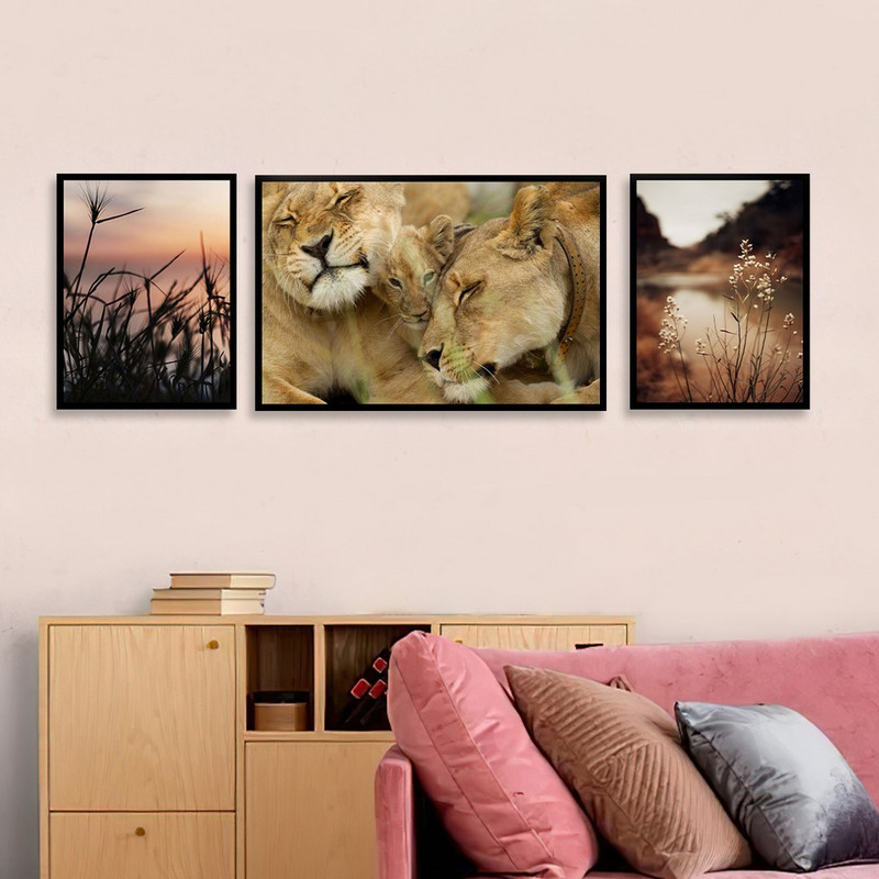 تابلو بکلیت مدل طرح گل و شیر جنگل B-1000  مجموعه 3 عددی   