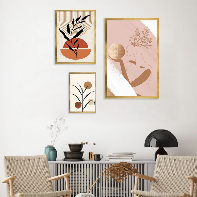 تابلو بکلیت مدل طرح مینیمال برگ و دخترانه T-985  مجموعه 3 عددی