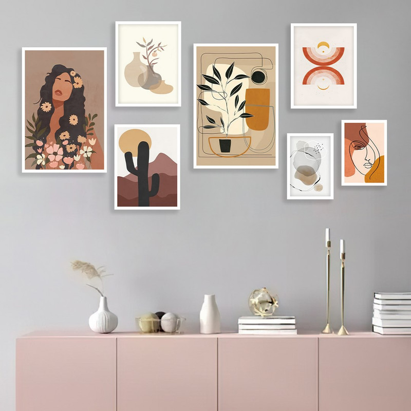 تابلو بکلیت مدل طرح نقاشی مینیمال برگ و چهره W-970  مجموعه 7 عددی