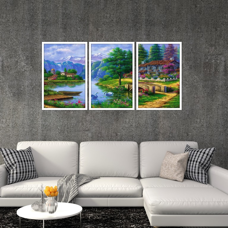 تابلو بکلیت طرح نقاشی منظره ی دهکده و رودخانه مدل W-S4810 مجموعه 3 عددی