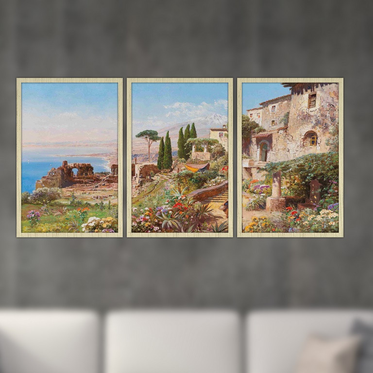 تابلو بکلیت طرح نقاشی دریا و خانه ساحلی مدل S4802 مجموعه 3 عددی