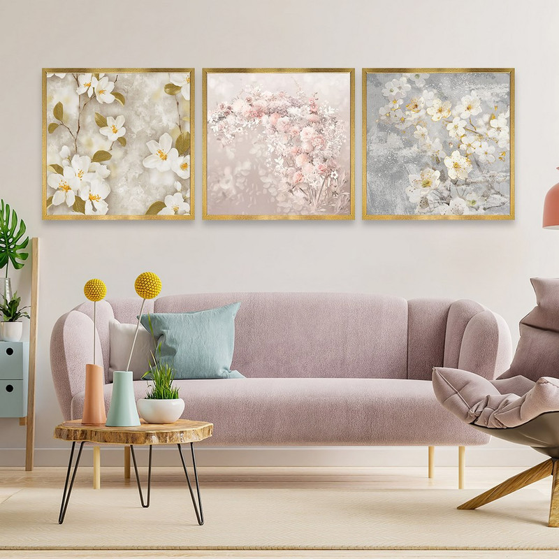 تابلو بکلیت طرح ورق طلا شکوفه های بهاری مدل T-805 مجموعه 3 عددی