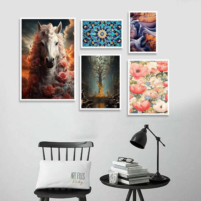 تابلو بکلیت طرح نقاشی گل و اسب سفید مدل W-1303 مجموعه 5 عددی