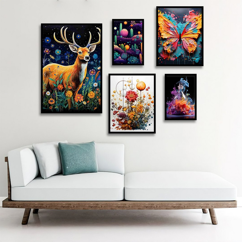 تابلو بکلیت طرح نقاشی رنگ روغن و پروانه مدل B-1258 مجموعه 5 عددی