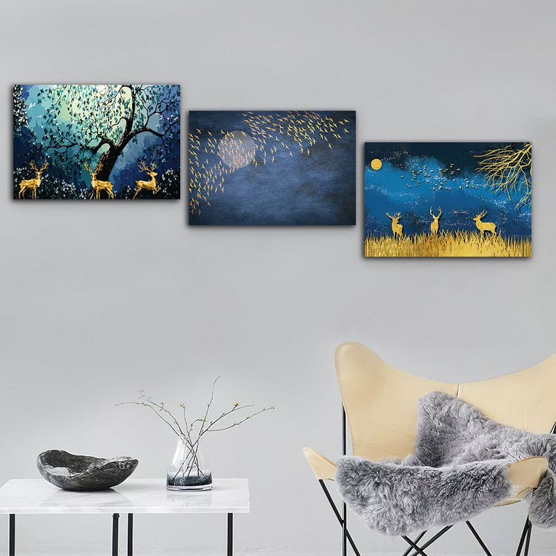 تابلو شاسی بکلیت طرح ورق طلا آسمان شب و گوزن مدل SH-765 مجموعه 3 عددی
