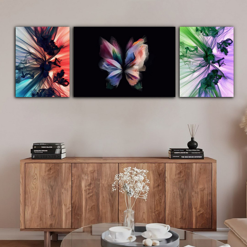 تابلو شاسی بکلیت طرح نقاشی ابر و بادی گل و پروانه مدل SH-706 مجموعه 3 عددی