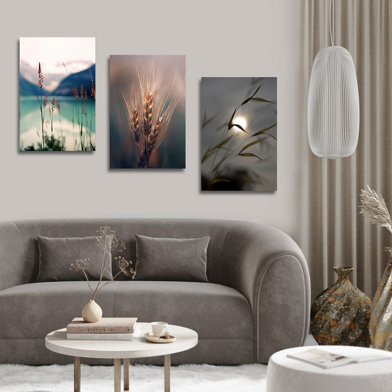 تابلو شاسی بکلیت طرح دکوری مدرن گل گندم و طبیعت مدل SH-1465 مجموعه 3 عددی