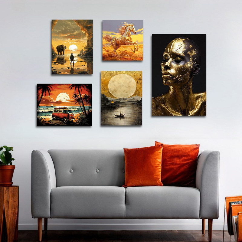 تابلو شاسی بکلیت طرح غروب و چهره و اسب طلایی مدل SH-1348 مجموعه 5 عددی