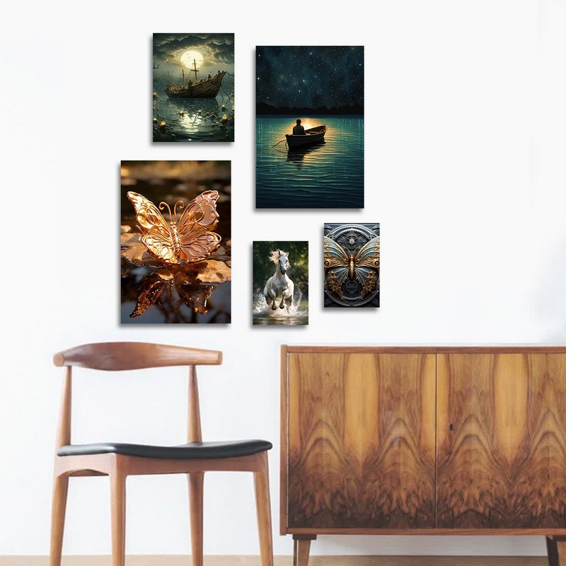 تابلو شاسی بکلیت طرح مهتاب و طبیعت غروب دریاچه مدل SH-1347 مجموعه 5 عددی