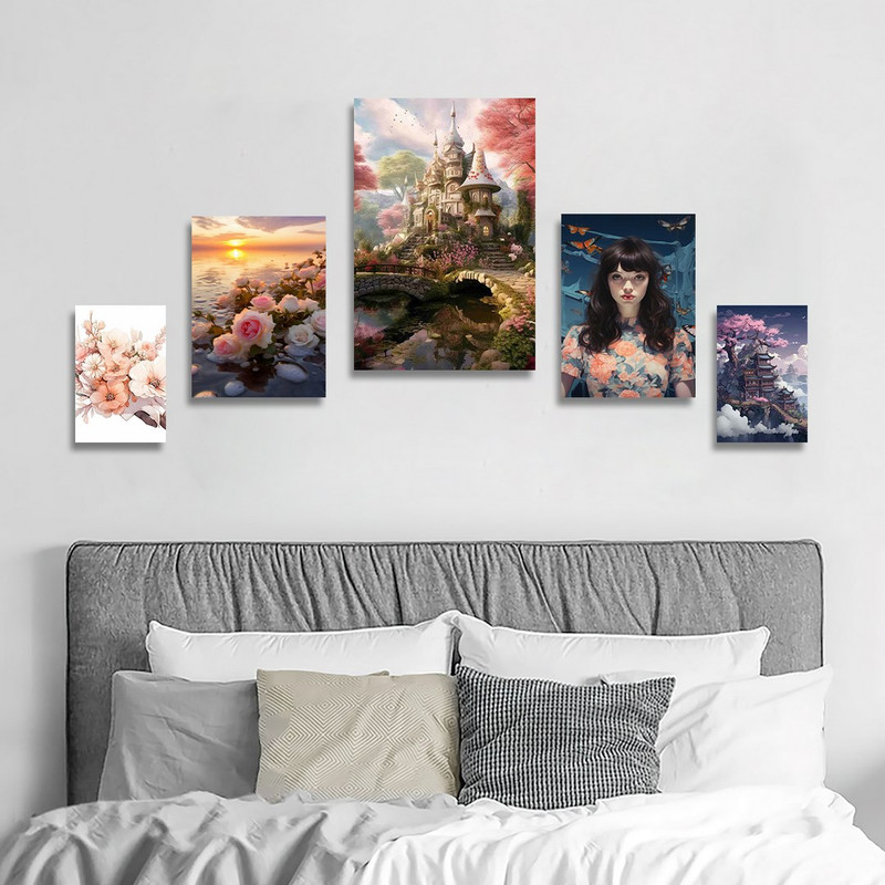 تابلو شاسی بکلیت طرح نقاشی گرافیکی گل و کلبه مدل SH-1280 مجموعه 5 عددی