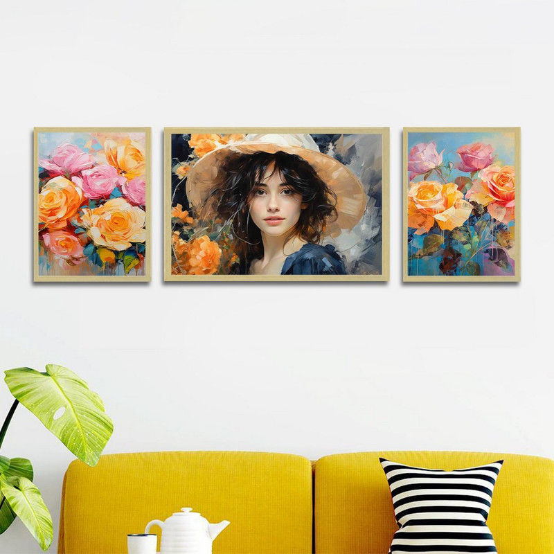 تابلو بکلیت طرح دکوراتیو نقاشی چهره دختر و گل مدل BE-1385 مجموعه 3 عددی