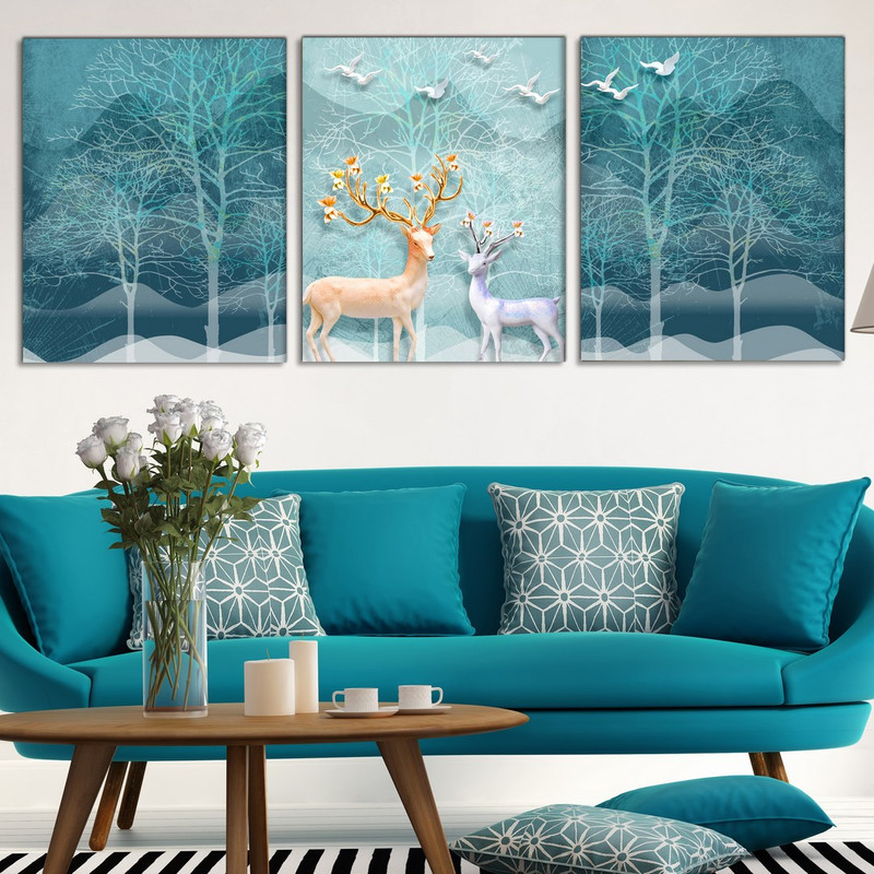 تابلو شاسی بکلیت طرح نقاشی درخت و گوزن مدل SH-370 مجموعه 3 عددی