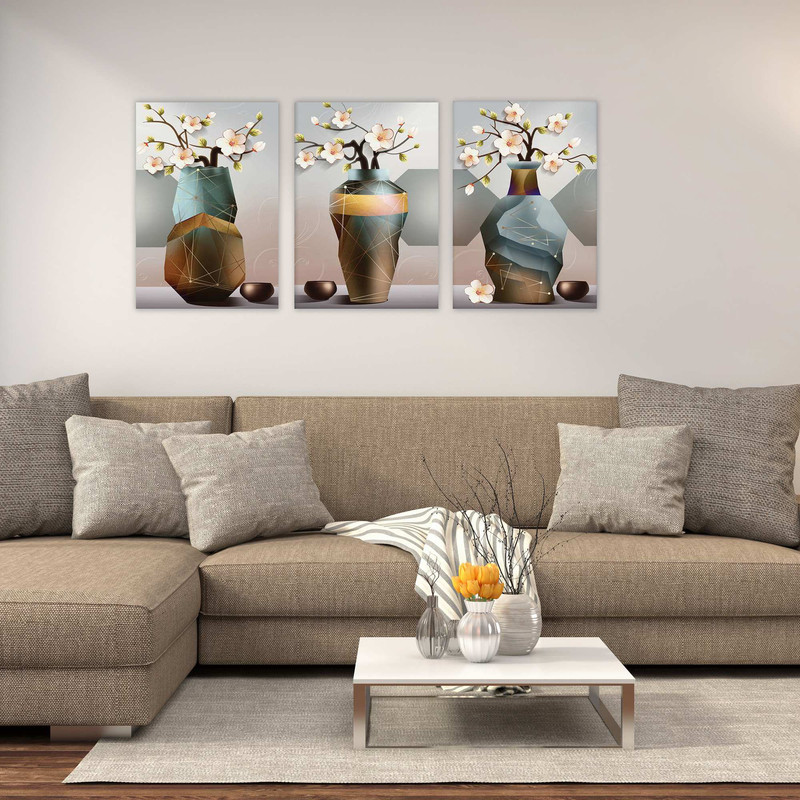 تابلو شاسی بکلیت طرح نقاشی مدرن گلدان و گل مدل SH-1889 مجموعه 3 عددی