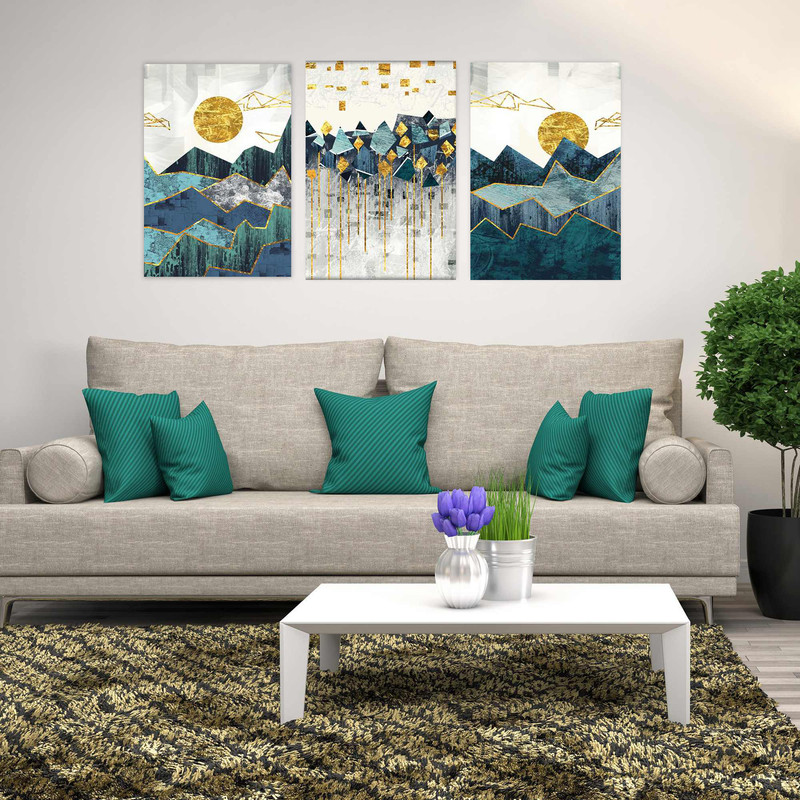 تابلو شاسی بکلیت طرح نقاشی مدرن خورشید و کوه مدل SH-1886 مجموعه 3 عددی