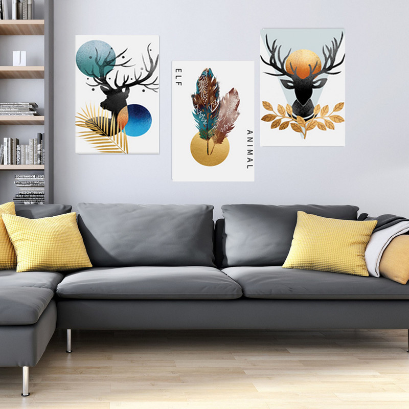 تابلو شاسی بکلیت طرح نقاشی مدرن گوزن و پر مدل SH-1869 مجموعه 3 عددی