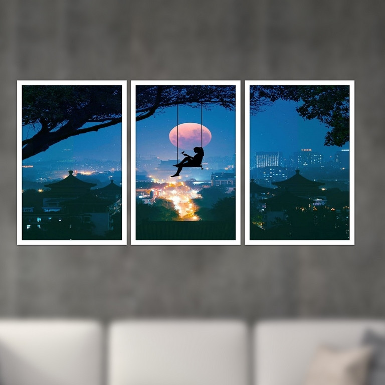 تابلو بکلیت طرح نقاشی دخترانه ی تاب درختی مدل W-S4951  مجموعه 3 عددی