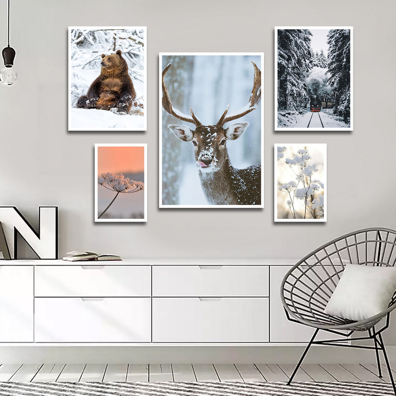 تابلو بکلیت طرح مدرن برف و حیات وحش مدل W-1659 مجموعه 5 عددی