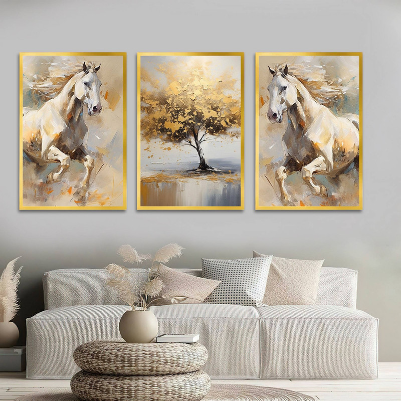 تابلو بکلیت طرح نقاشی اسب و درخت مدل T-1602 مجموعه 3 عددی