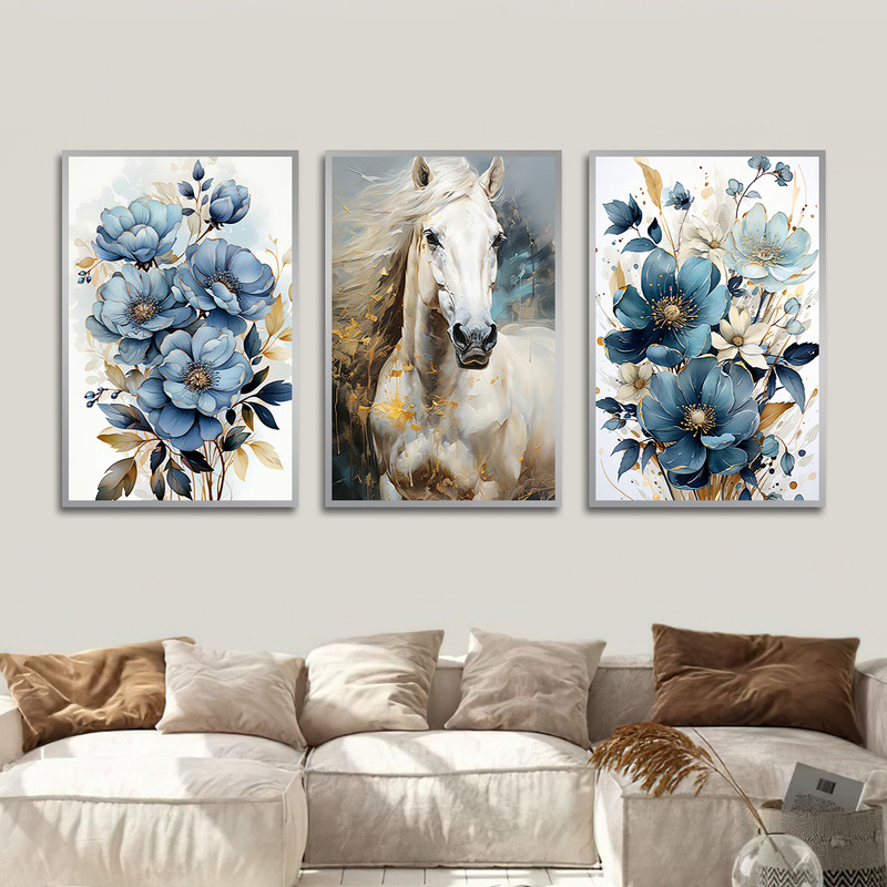 تابلو بکلیت طرح نقاشی گل و اسب مدل SI-1591 مجموعه 3 عددی