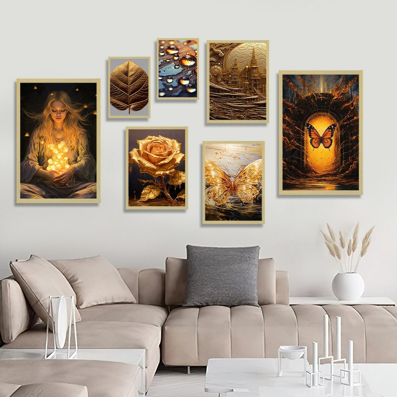 تابلو بکلیت طرح مدرن گل و پروانه طلایی مدل BE-1223 مجموعه 7 عددی