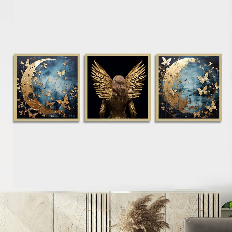 تابلو بکلیت طرح مدرن ماه و پروانه و بال طلا یی مدل BE-1218 مجموعه 3 عددی