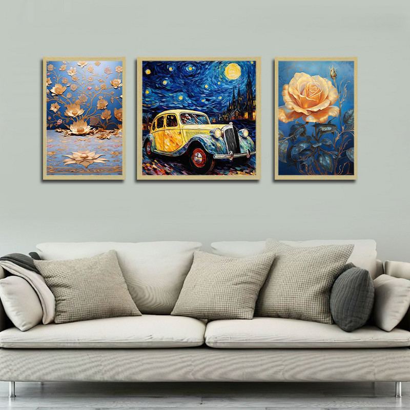 تابلو بکلیت طرح نقاشی مدرن گل و ماشین مدل BE-1757 مجموعه 3 عددی