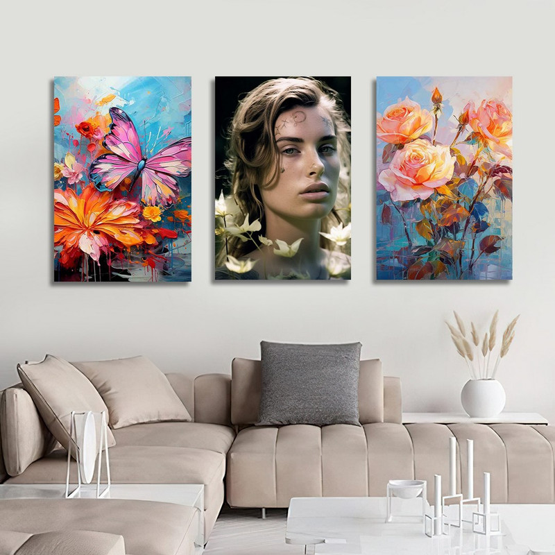 تابلو شاسی بکلیت طرح چهره و گل رنگی و پروانه مدل SH-1209  مجموعه 3 عددی