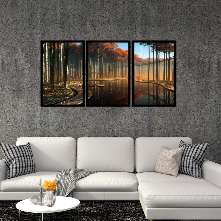 تابلو بکلیت طرح نقاشی منظره پاییزی مدل B-S4823 مجموعه 3 عددی