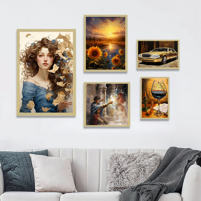 تابلو بکلیت مدل طرح گل آفتابگردان و ماشین و چهره زن BE-1135 مجموعه 5 عددی