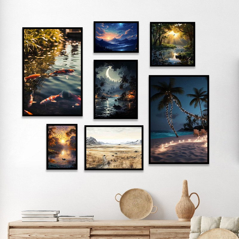 تابلو بکلیت مدل طرح طبیعت و آسمان شب و ماهی B-1128 مجموعه 7 عددی