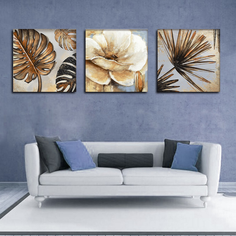 تابلو شاسی بکلیت طرح نقاشی مدرن گل و برگ انجیری مدل SH-1618 مجموعه 3 عددی