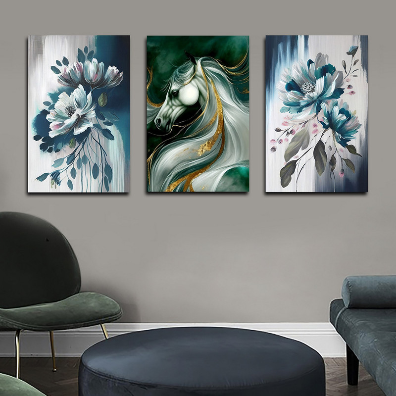 تابلو شاسی بکلیت طرح نقاشی مدرن گل و اسب مدل SH-1592 مجموعه 3 عددی