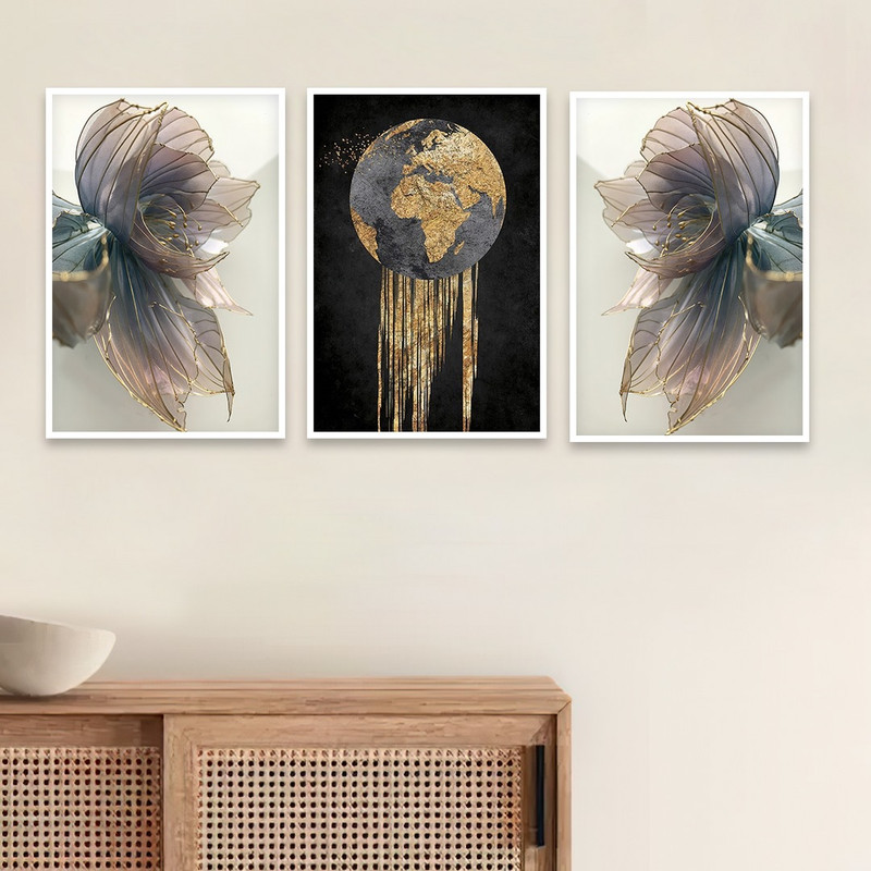 تابلو بکلیت طرح دکوراتیو و ورق طلا کره ی زمین و گل مدل W-777 مجموعه 3 عددی