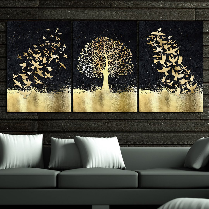 تابلو شاسی بکلیت طرح طلاکوب درخت و شجره مدل SH-586 مجموعه 3 عددی