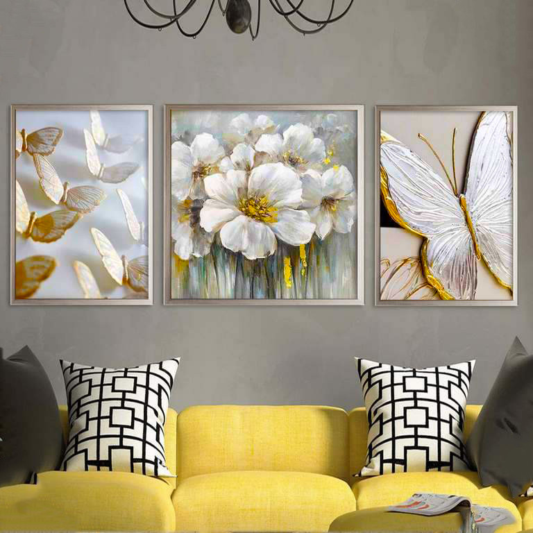تابلو بکلیت طرح نقاشی گل و پروانه طلایی مدل BE-427 مجموعه 3 عددی