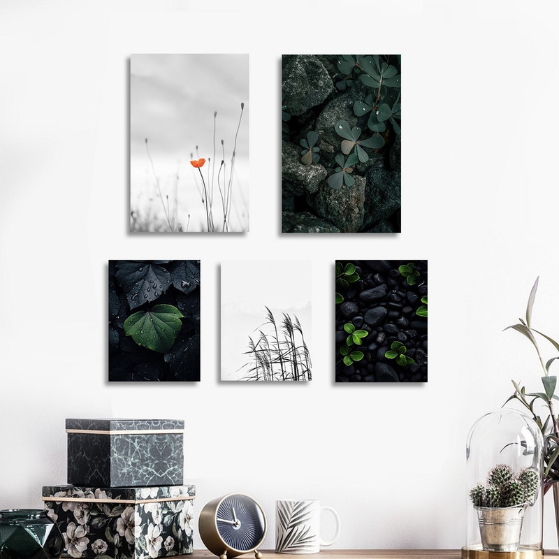 تابلو شاسی بکلیت طرح دکوری مدرن طبیعت و برگ سبز مدل SH-1460 مجموعه 5 عددی