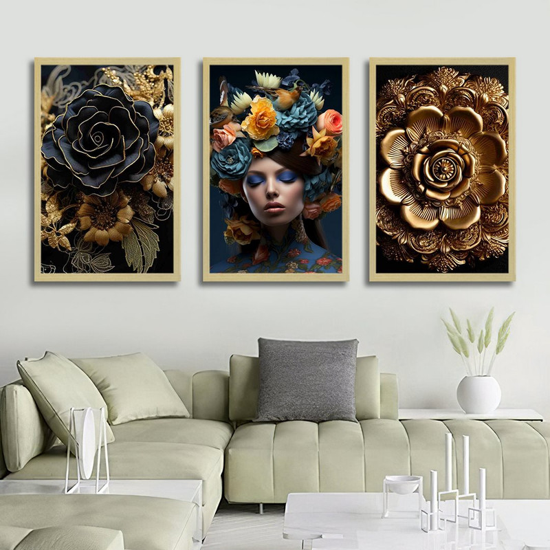 تابلو بکلیت طرح چهره هنری و گل طلاکوب مدل BE-1233 مجموعه 3 عددی