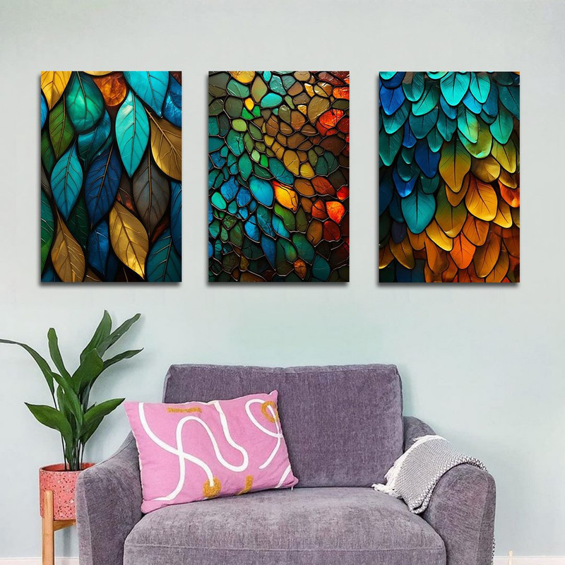 تابلو شاسی بکلیت طرح نقاشی دکوراتیو برگ و خزان مدل SH-1359 مجموعه 3 عددی