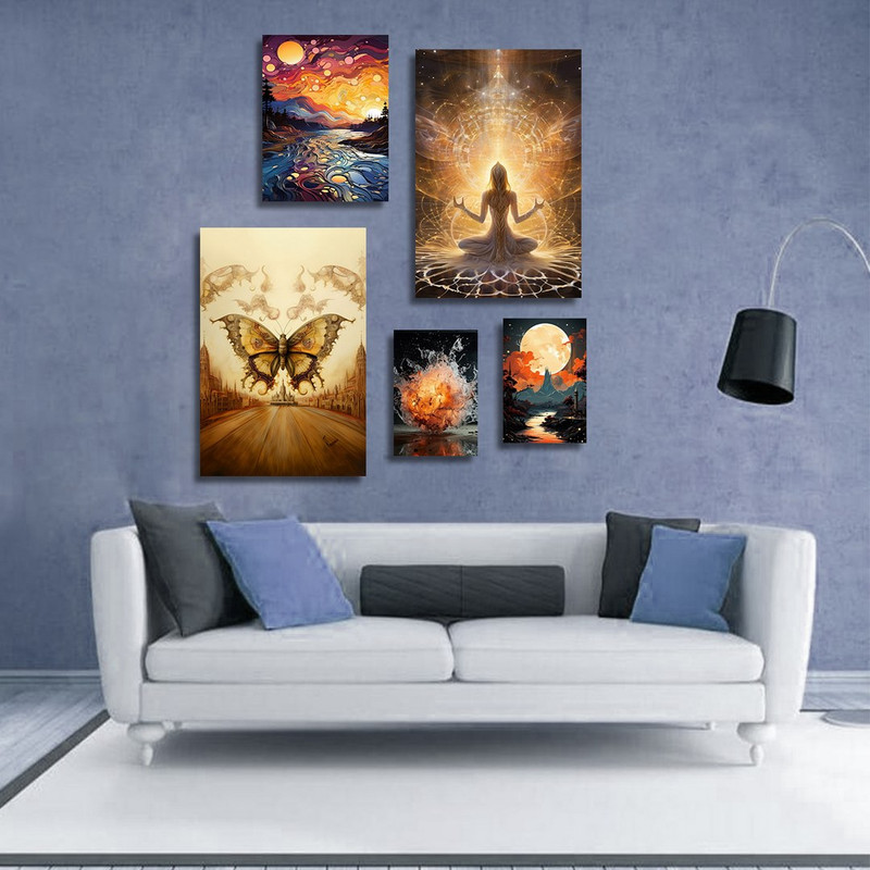 تابلو شاسی بکلیت طرح نقاشی دکوراتیو غروب و پروانه مدل SH-1352 مجموعه 5 عددی