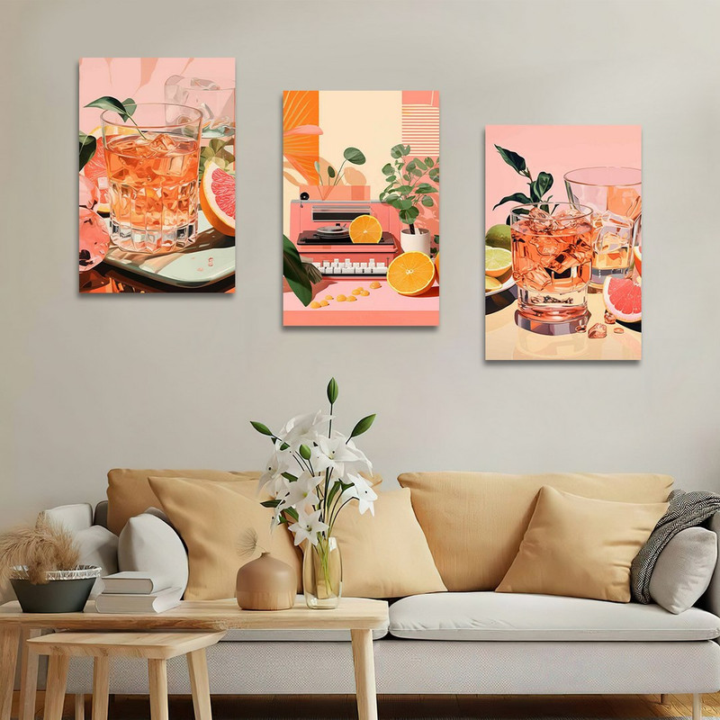 تابلو شاسی بکلیت طرح نقاشی مینیمال آبمیوه و کافی شاپ مدل SH-1341 مجموعه 3 عددی