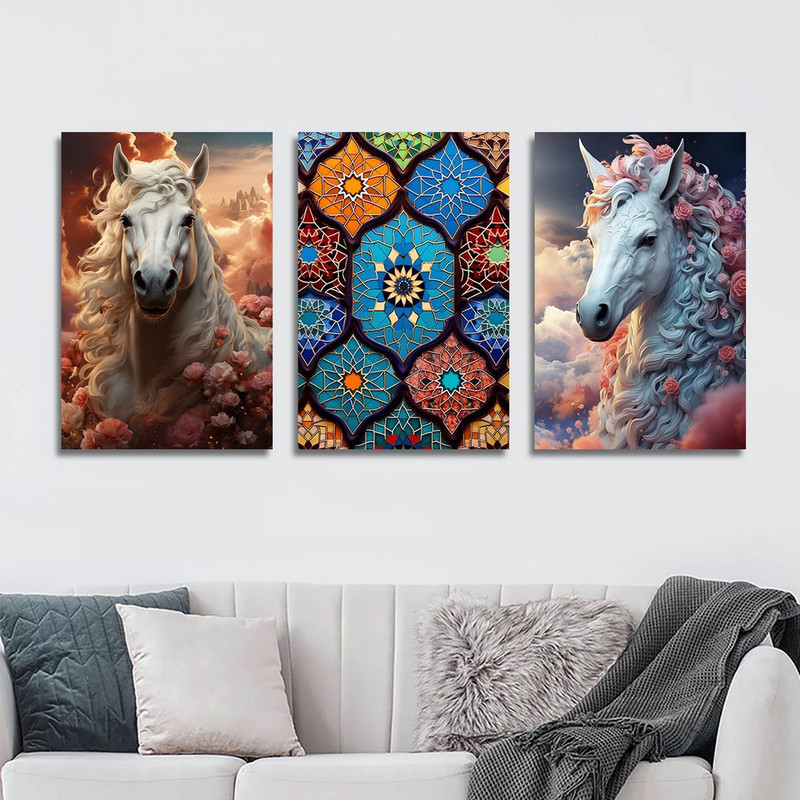 تابلو شاسی بکلیت طرح گرافیکی اسب سفید مدل SH-1302 مجموعه 3 عددی