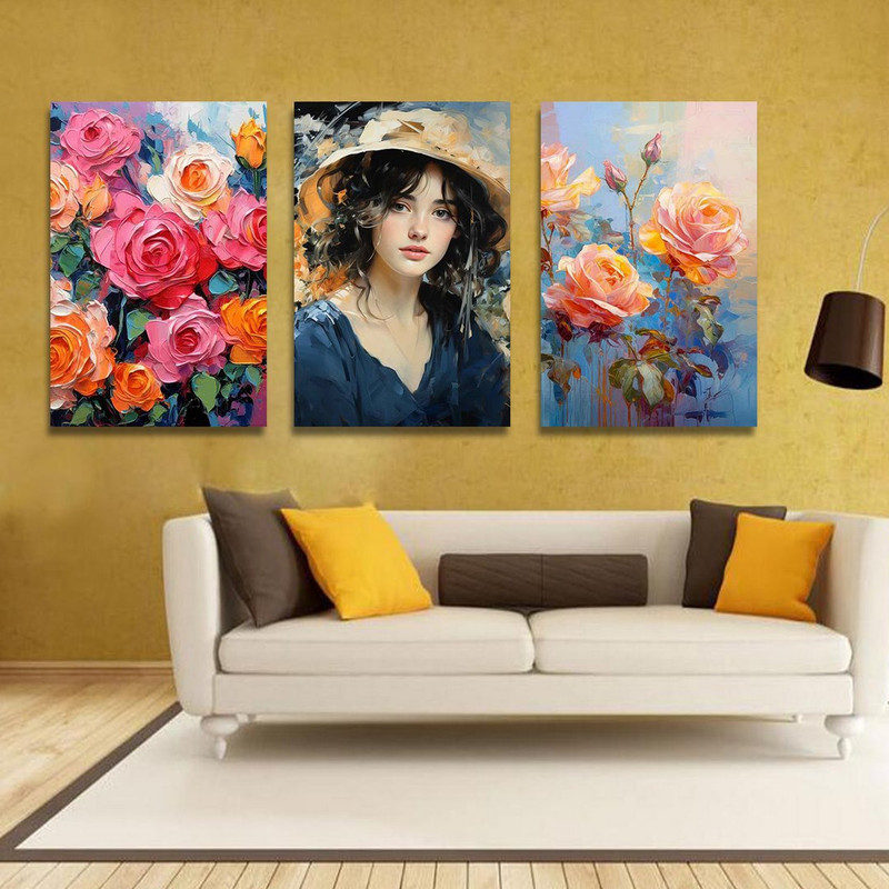 تابلو شاسی بکلیت طرح نقاشی دکوراتیو گل و پرتره مدل SH-1265 مجموعه 3 عددی