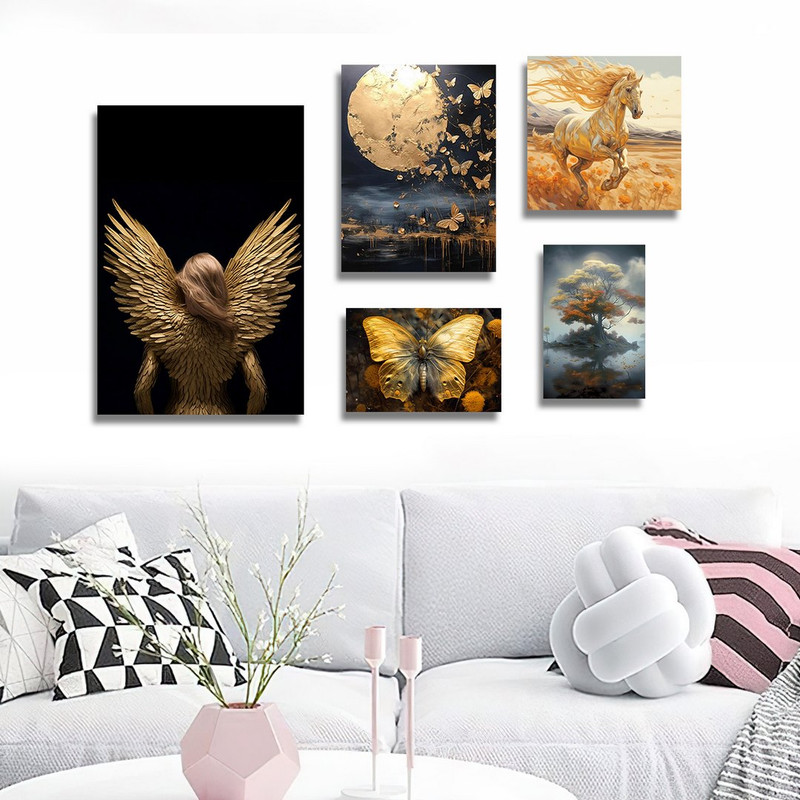 تابلو شاسی بکلیت طرح نقاشی مدرن طلاکوب پروانه  مدل SH-1237 مجموعه 5 عددی